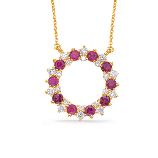 This Necklace is available in 14K Yellow Gold. There are a total of 30 stones. There are Rounds with a total carat weight of 0.49 set in a Prong Set setting.There are Ruby stones with a total carat weight of 1.24 set in a Prong Set.