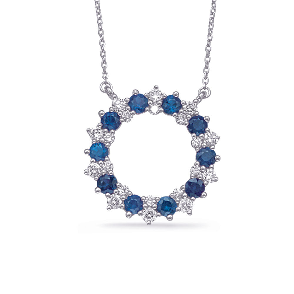 This Necklace is available in 14K White Gold. There are a total of 30 stones. There are Rounds with a total carat weight of 0.49 set in a Prong Set setting.There are Sapphire stones with a total carat weight of 1.32 set in a Prong Set.