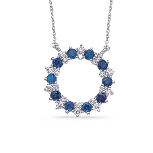 This Necklace is available in 14K White Gold. There are a total of 30 stones. There are Rounds with a total carat weight of 0.49 set in a Prong Set setting.There are Sapphire stones with a total carat weight of 1.32 set in a Prong Set.