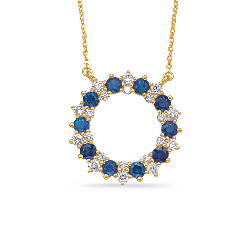 This Necklace is available in 14K Yellow Gold. There are a total of 30 stones. There are Rounds with a total carat weight of 0.49 set in a Prong Set setting.There are Sapphire stones with a total carat weight of 1.32 set in a Prong Set.