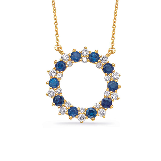 This Necklace is available in 14K Yellow Gold. There are a total of 30 stones. There are Rounds with a total carat weight of 0.49 set in a Prong Set setting.There are Sapphire stones with a total carat weight of 1.32 set in a Prong Set.