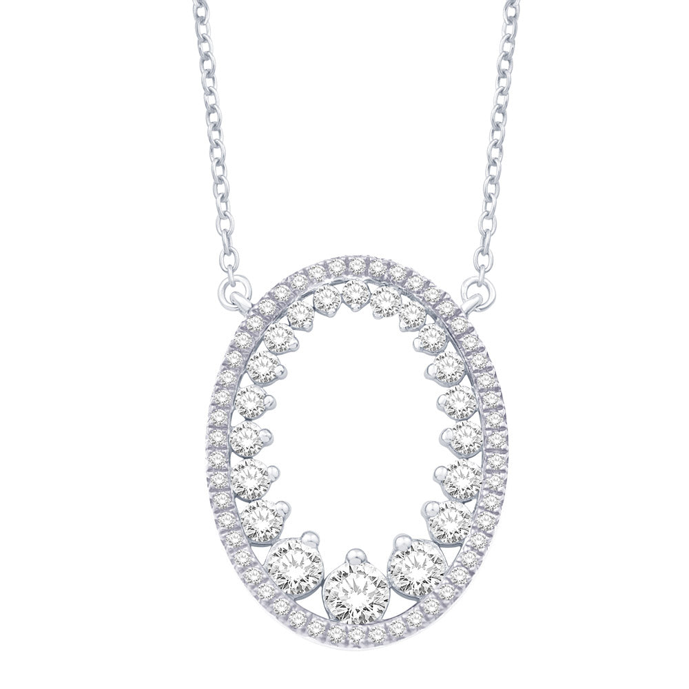 This Necklace is available in 14K White Gold. There are a total of 70 stones. There are Rounds with a total carat weight of 0.82 set in a  setting.