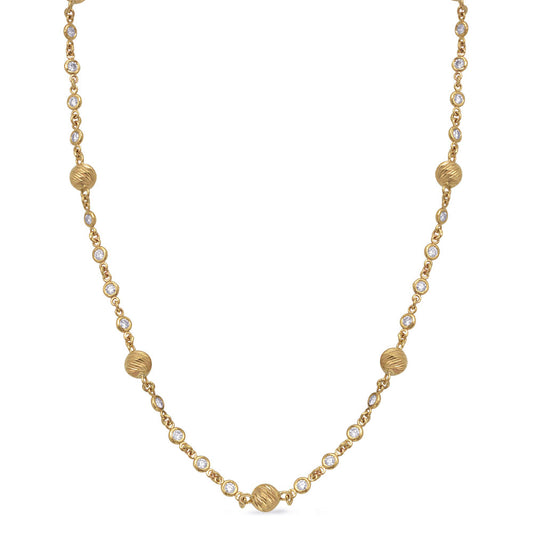This Necklace is available in 14K Yellow Gold. There are a total of 28 stones. There are Rounds with a total carat weight of 1.4 set in a Channel Set setting.