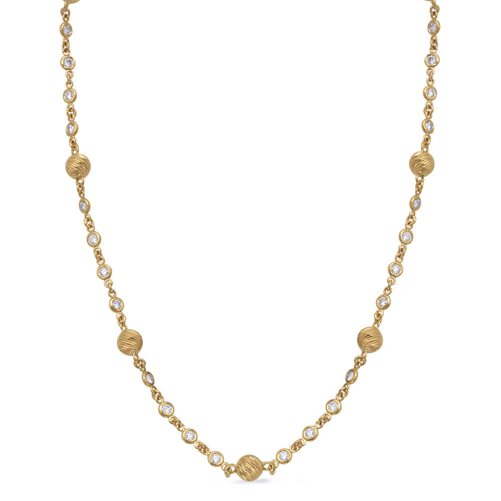 This Necklace is available in 14K Yellow Gold. There are a total of 28 stones. There are Rounds with a total carat weight of 1.4 set in a Channel Set setting.