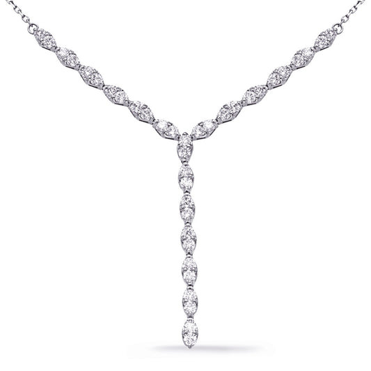 This Necklace is available in 14K White Gold. There are a total of 38 stones. There are Rounds with a total carat weight of 1.9 set in a Prong Set setting.