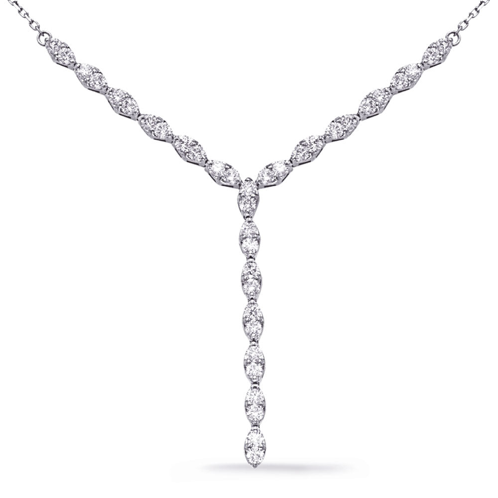 This Necklace is available in 14K White Gold. There are a total of 38 stones. There are Rounds with a total carat weight of 1.9 set in a Prong Set setting.