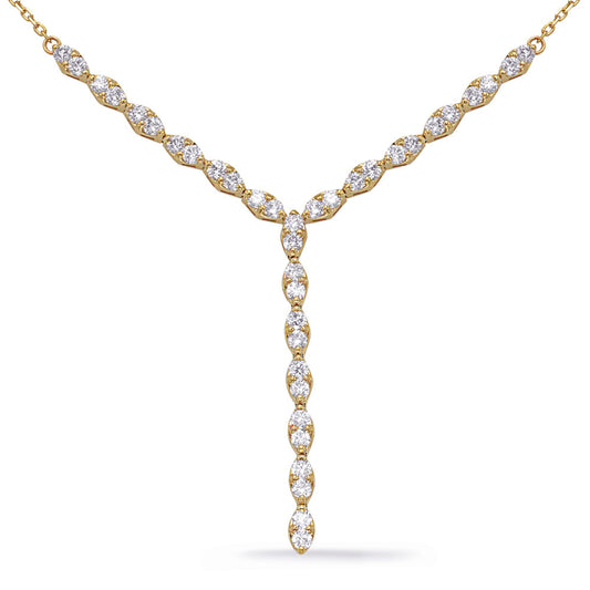 This Necklace is available in 14K Yellow Gold. There are a total of 38 stones. There are Rounds with a total carat weight of 1.9 set in a Prong Set setting.