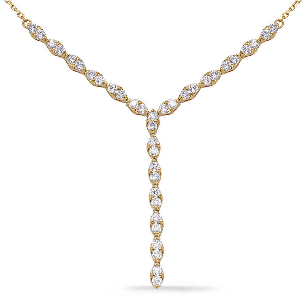 This Necklace is available in 14K Yellow Gold. There are a total of 38 stones. There are Rounds with a total carat weight of 1.9 set in a Prong Set setting.