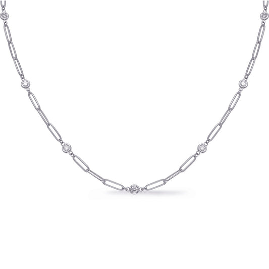 This Necklace is available in 14K White Gold. There are a total of 12 stones. There are Rounds with a total carat weight of 1 set in a Bezel Set setting.