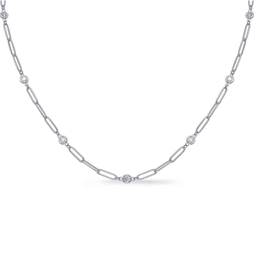 This Necklace is available in 14K White Gold. There are a total of 12 stones. There are Rounds with a total carat weight of 1 set in a Bezel Set setting.