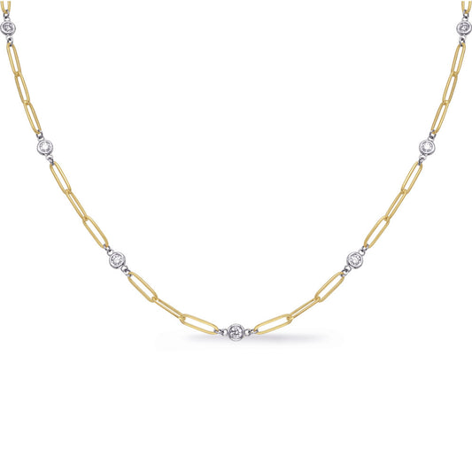 This Necklace is available in 14K Yellow & White Gold. There are a total of 12 stones. There are Rounds with a total carat weight of 1 set in a Bezel Set setting.