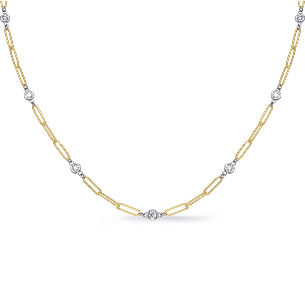 This Necklace is available in 14K Yellow & White Gold. There are a total of 12 stones. There are Rounds with a total carat weight of 1 set in a Bezel Set setting.