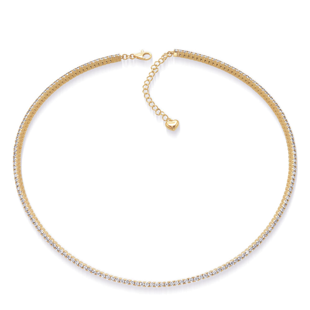 This Necklace is available in 14K Yellow Gold. There are a total of 172 stones. There are Rounds with a total carat weight of 5.08 set in a Prong Set setting.
