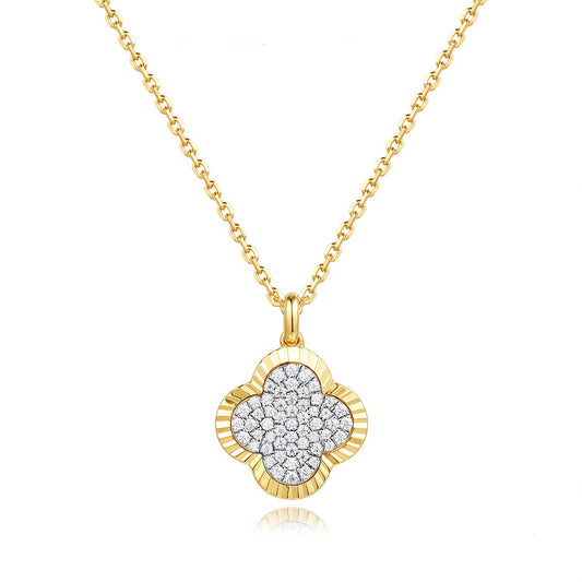 This Necklace is available in 14K Yellow Gold. There are a total of 55 stones. There are Rounds with a total carat weight of 0.15 set in a Micro Pave setting.
