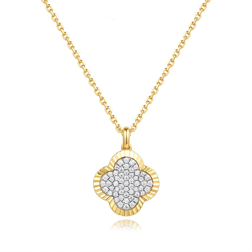 This Necklace is available in 14K Yellow Gold. There are a total of 55 stones. There are Rounds with a total carat weight of 0.15 set in a Micro Pave setting.