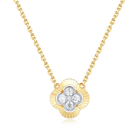 This Necklace is available in 14K Yellow Gold. There are a total of 5 stones. There are Rounds with a total carat weight of 0.19 set in a Micro Prong setting.