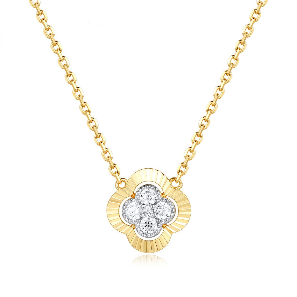 This Necklace is available in 14K Yellow Gold. There are a total of 5 stones. There are Rounds with a total carat weight of 0.19 set in a Micro Prong setting.