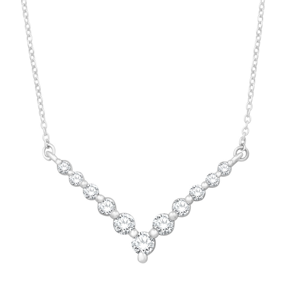 This Necklace is available in 14K White Gold. There are a total of 11 stones. There are Rounds with a total carat weight of 0.39 set in a Shared Prongs setting.