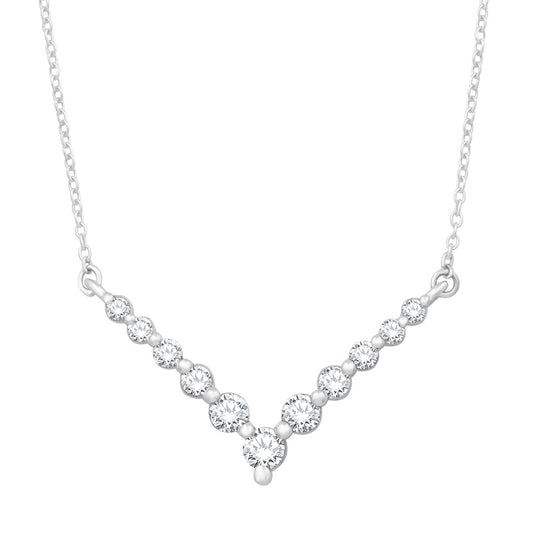 This Necklace is available in 14K White Gold. There are a total of 11 stones. There are Rounds with a total carat weight of 0.39 set in a Shared Prongs setting.