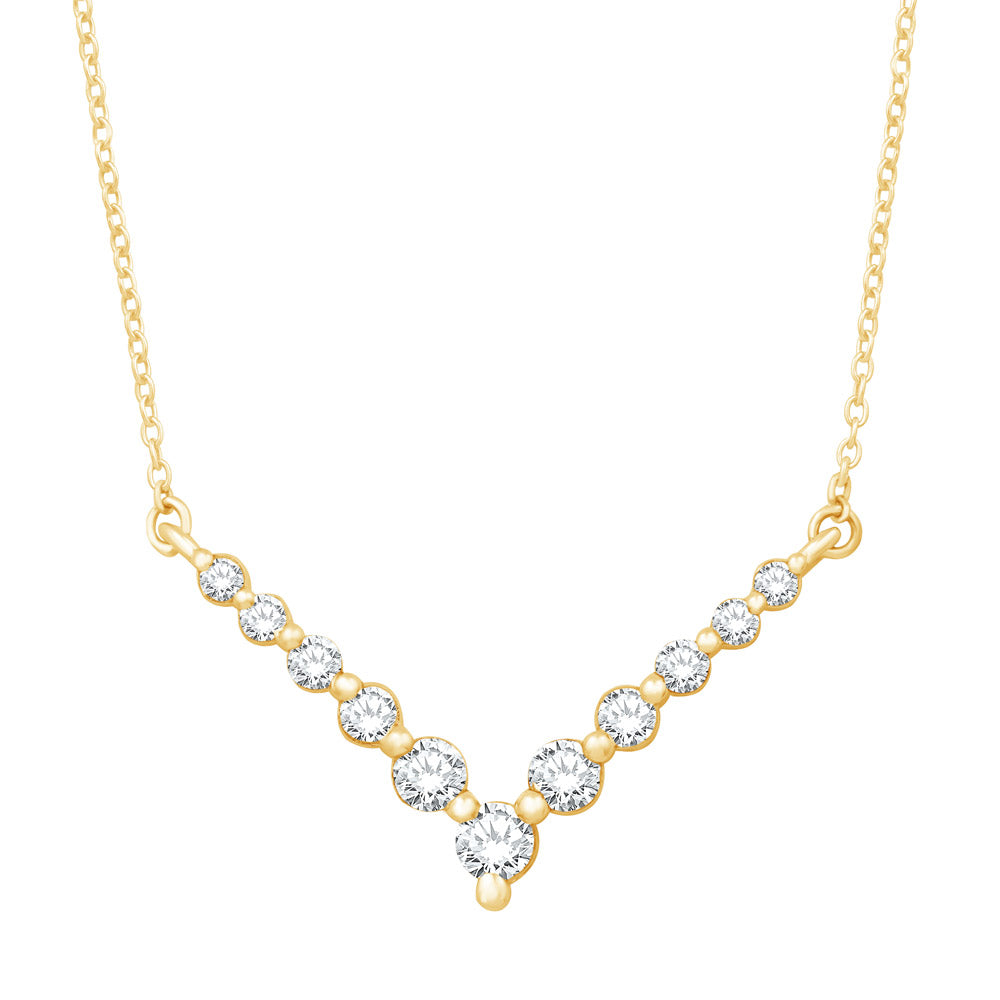 This Necklace is available in 14K Yellow Gold. There are a total of 11 stones. There are Rounds with a total carat weight of 0.39 set in a Shared Prongs setting.