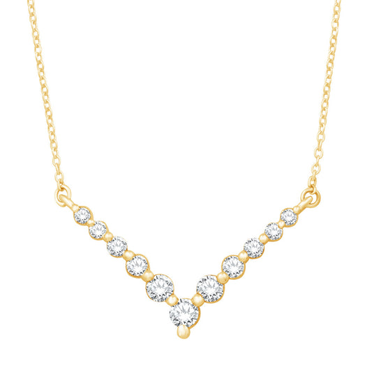 This Necklace is available in 14K Yellow Gold. There are a total of 11 stones. There are Rounds with a total carat weight of 0.39 set in a Shared Prongs setting.