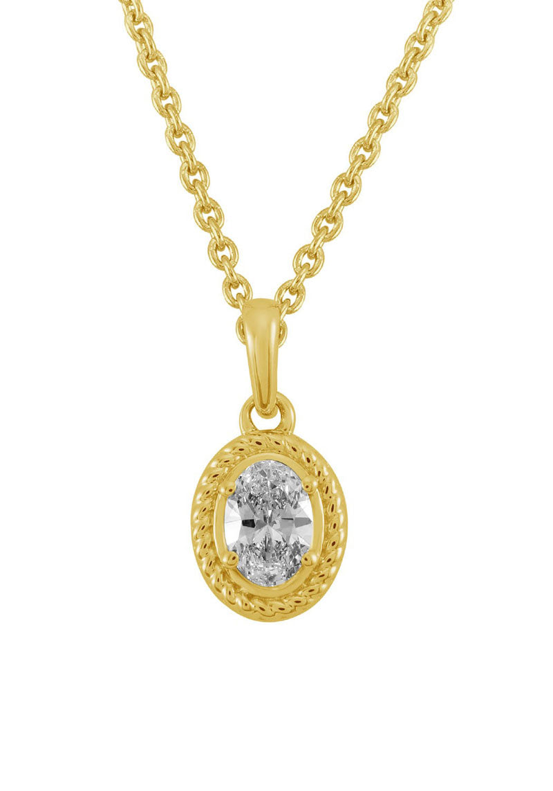 This Necklace is available in 14K Yellow Gold. There are a total of 1 stones. There are Oval with a total carat weight of 0.31 set in a Bezel Set setting.