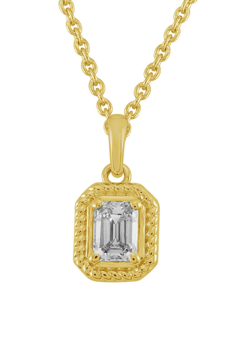 This Necklace is available in 14K Yellow Gold. There are a total of 1 stones. There are Emerald Cut with a total carat weight of 0.33 set in a Bezel Set setting.