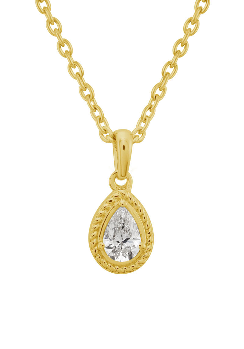 This Necklace is available in 14K Yellow Gold. There are a total of 1 stones. There are Pear Shape with a total carat weight of 0.31 set in a Bezel Set setting.