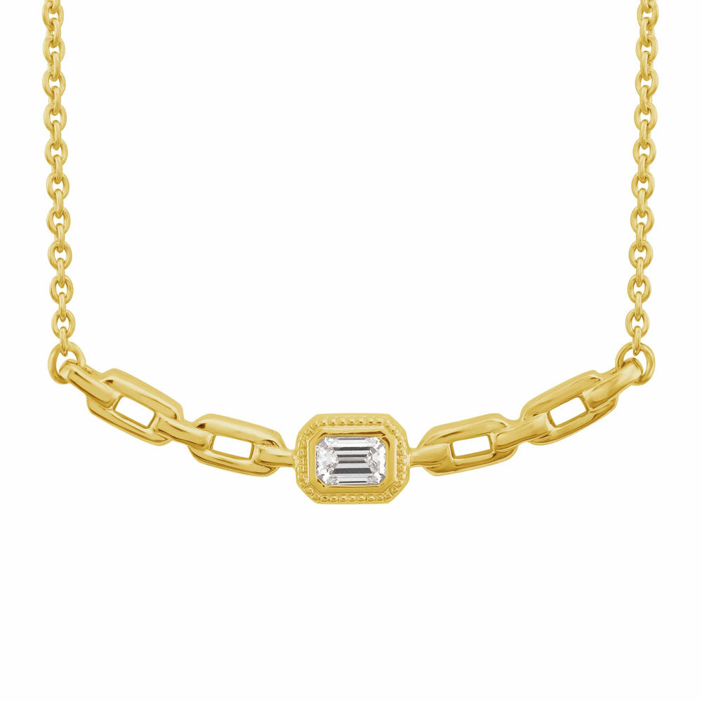 This Necklace is available in 14K Yellow Gold. There are a total of 1 stones. There are Emerald Cut with a total carat weight of 0.26 set in a Bezel Set setting.