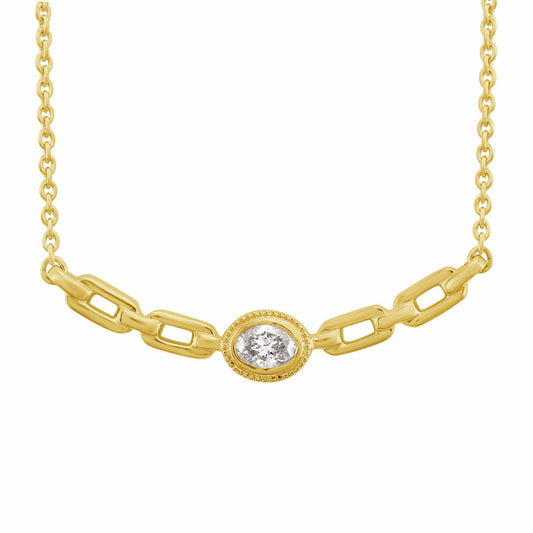 This Necklace is available in 14K Yellow Gold. There are a total of 1 stones. There are Oval with a total carat weight of 0.24 set in a Bezel Set setting.