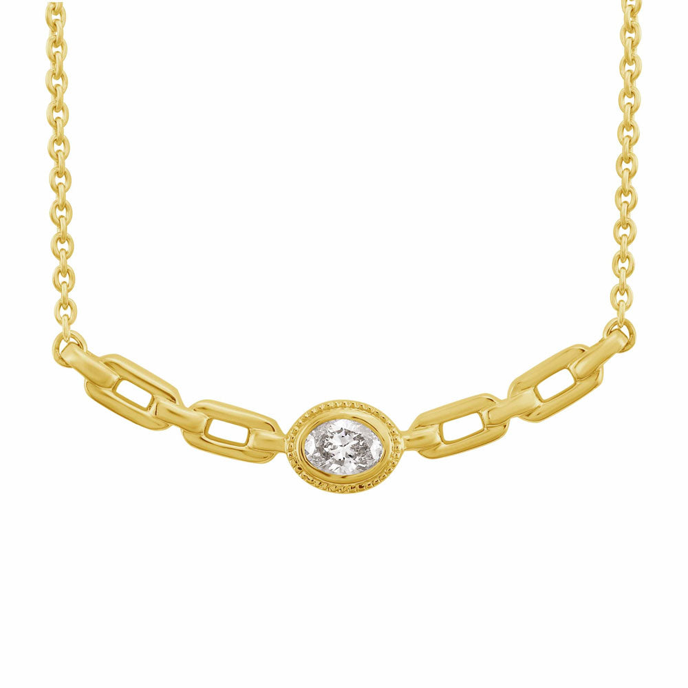 This Necklace is available in 14K Yellow Gold. There are a total of 1 stones. There are Oval with a total carat weight of 0.24 set in a Bezel Set setting.