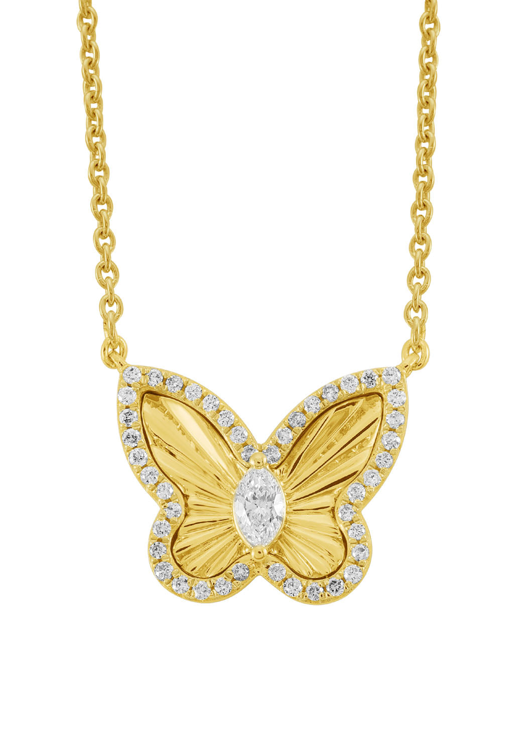 This Necklace is available in 14K Yellow Gold. There are a total of 45 stones. There are Marquise with a total carat weight of 0.09 set in a Micro Prong|Prong Set setting.There are Rounds stones with a total carat weight of 0.15 set in a Micro Prong|Prong Set.
