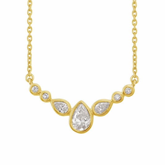 This Necklace is available in 14K Yellow Gold. There are a total of 7 stones. There are Pear Shape with a total carat weight of 0.43 set in a Bezel Set setting.There are Rounds stones with a total carat weight of 0.04 set in a Bezel Set.