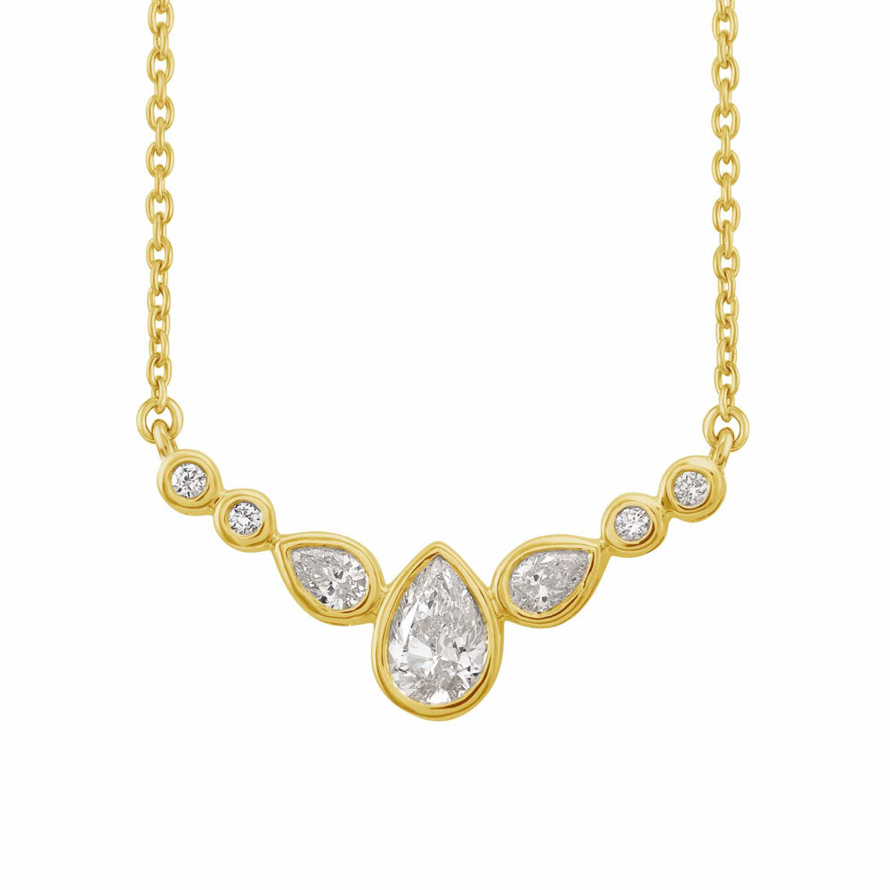 This Necklace is available in 14K Yellow Gold. There are a total of 7 stones. There are Pear Shape with a total carat weight of 0.43 set in a Bezel Set setting.There are Rounds stones with a total carat weight of 0.04 set in a Bezel Set.