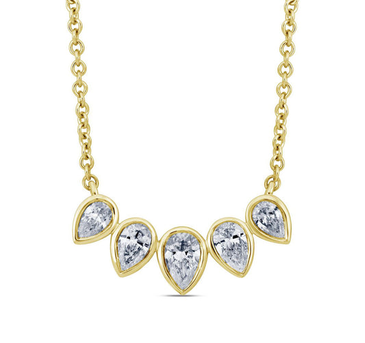 This Necklace is available in 14K Yellow Gold. There are a total of 5 stones. There are Pear Shape with a total carat weight of 1 set in a Bezel Set setting.