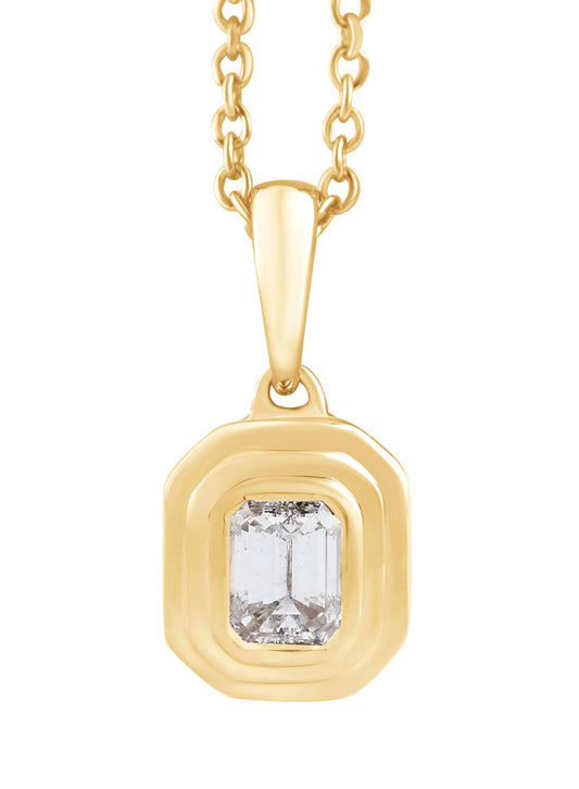 This Necklace is available in 14K Yellow Gold. There are a total of 1 stones. There are Emerald Cut with a total carat weight of 0.2 set in a Bezel Set setting.