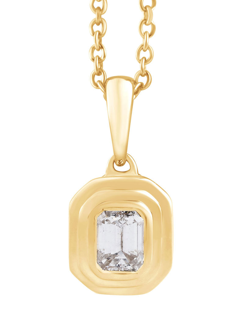 This Necklace is available in 14K Yellow Gold. There are a total of 1 stones. There are Emerald Cut with a total carat weight of 0.2 set in a Bezel Set setting.