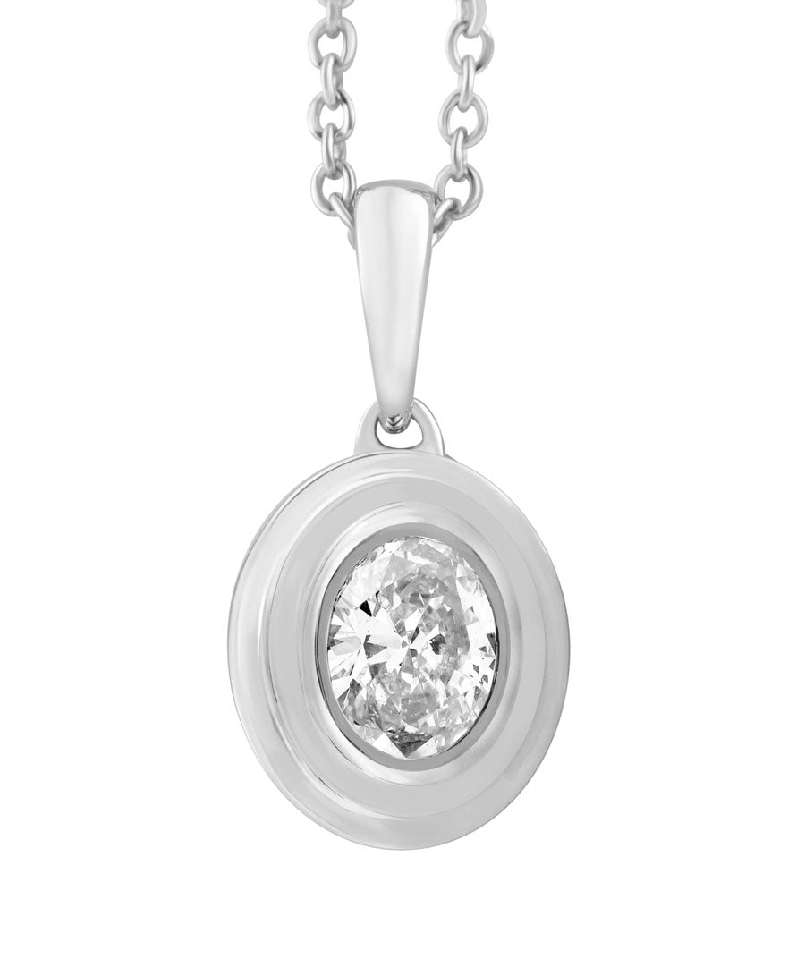 This Necklace is available in 14K White Gold. There are a total of 1 stones. There are Oval with a total carat weight of 0.2 set in a Bezel Set setting.