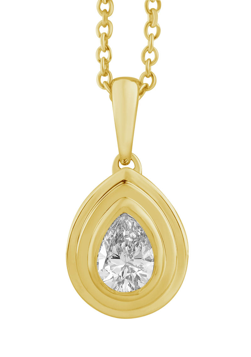 This Necklace is available in 14K Yellow Gold. There are a total of 1 stones. There are Pear Shape with a total carat weight of 0.15 set in a Bezel Set setting.
