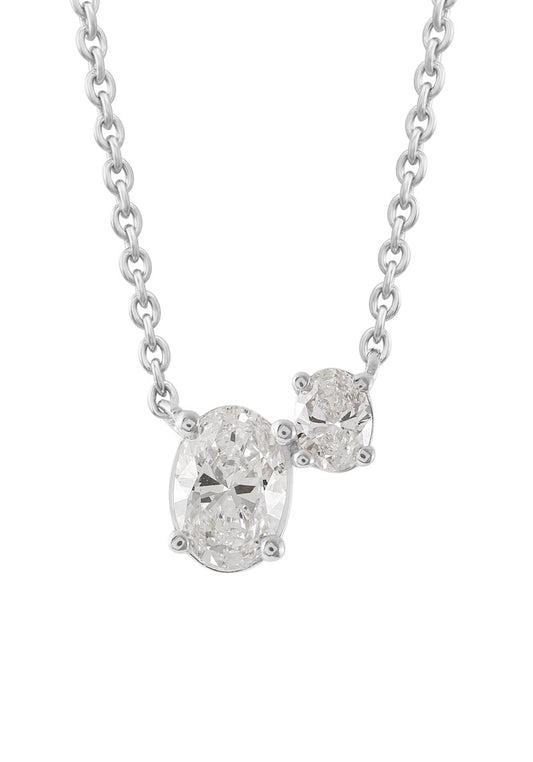 This Necklace is available in 14K White Gold. There are a total of 2 stones. There are Oval with a total carat weight of 0.41 set in a Prong Set setting.