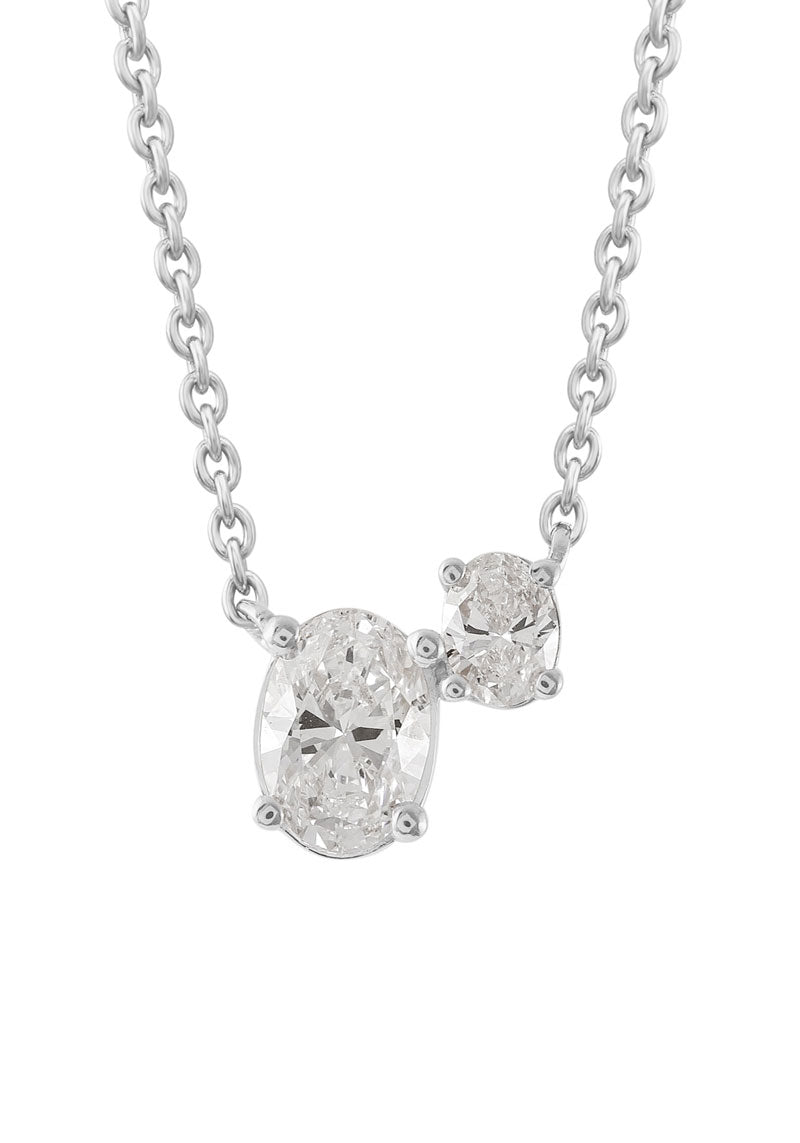This Necklace is available in 14K White Gold. There are a total of 2 stones. There are Oval with a total carat weight of 0.41 set in a Prong Set setting.