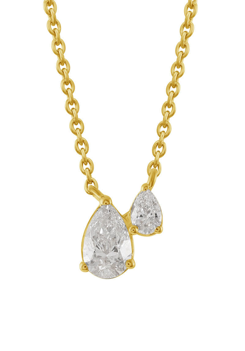 This Necklace is available in 14K Yellow Gold. There are a total of 2 stones. There are Pear Shape with a total carat weight of 0.4 set in a Prong Set setting.