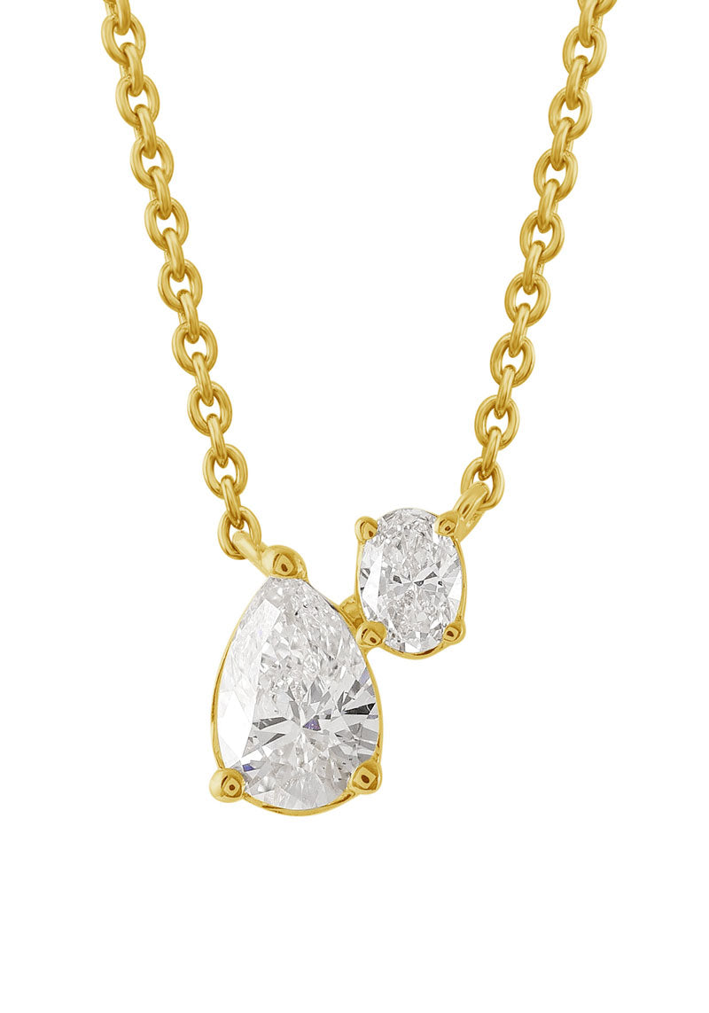 This Necklace is available in 14K Yellow Gold. There are a total of 2 stones. There are Oval with a total carat weight of 0.1 set in a Prong Set setting.There are Pear Shape stones with a total carat weight of 0.31 set in a Prong Set.
