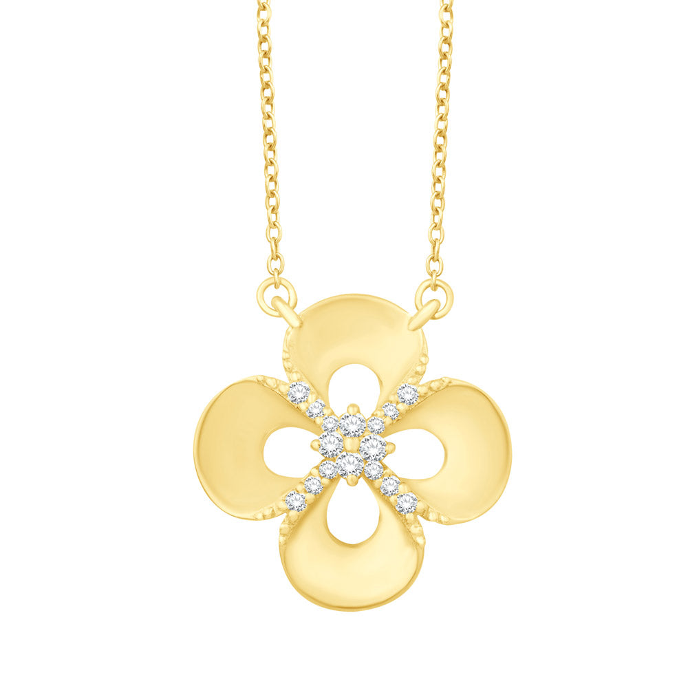 This Necklace is available in 14K Yellow Gold. There are a total of 16 stones. There are Rounds with a total carat weight of 0.13 set in a  setting.