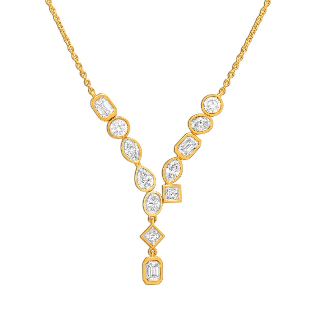 This Necklace is available in 14K Yellow Gold. There are a total of 12 stones. There are Emerald Cut with a total carat weight of 0.6 set in a Bezel Set setting.There are Marquise stones with a total carat weight of 0.32 set in a Bezel Set.