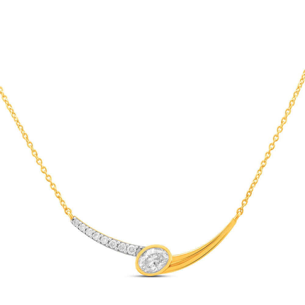 This Necklace is available in 14K Yellow Gold. There are a total of 9 stones. There are Oval with a total carat weight of 0.4 set in a Bezel Set|Prong Set setting.There are Rounds stones with a total carat weight of 0.1 set in a Bezel Set|Prong Set.