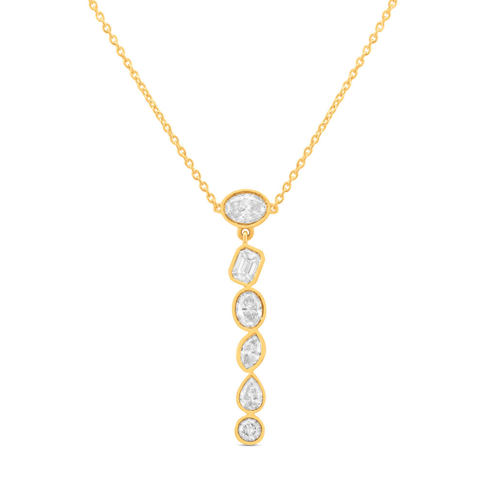 This Necklace is available in 14K Yellow Gold. There are a total of 6 stones. There are Emerald Cut with a total carat weight of 0.27 set in a Bezel Set setting.There are Marquise stones with a total carat weight of 0.16 set in a Bezel Set.