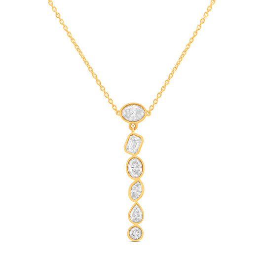 This Necklace is available in 14K Yellow Gold. There are a total of 6 stones. There are Emerald Cut with a total carat weight of 0.27 set in a Bezel Set setting.There are Marquise stones with a total carat weight of 0.16 set in a Bezel Set.