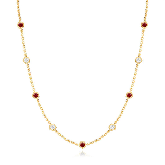 This Necklace is available in 14K Yellow Gold. There are a total of 9 stones. There are Rounds with a total carat weight of 0.22 set in a Bezel Set setting.There are Ruby stones with a total carat weight of 0.39 set in a Bezel Set.