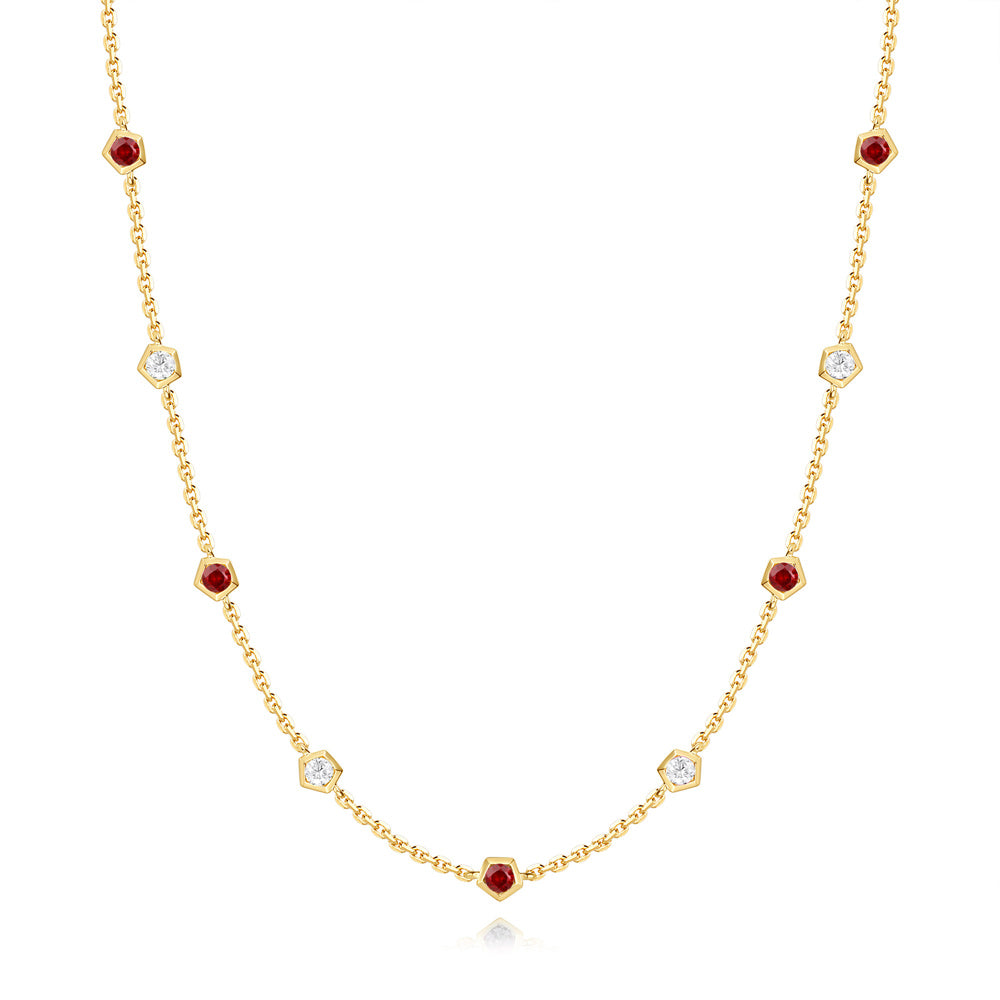 This Necklace is available in 14K Yellow Gold. There are a total of 9 stones. There are Rounds with a total carat weight of 0.22 set in a Bezel Set setting.There are Ruby stones with a total carat weight of 0.39 set in a Bezel Set.